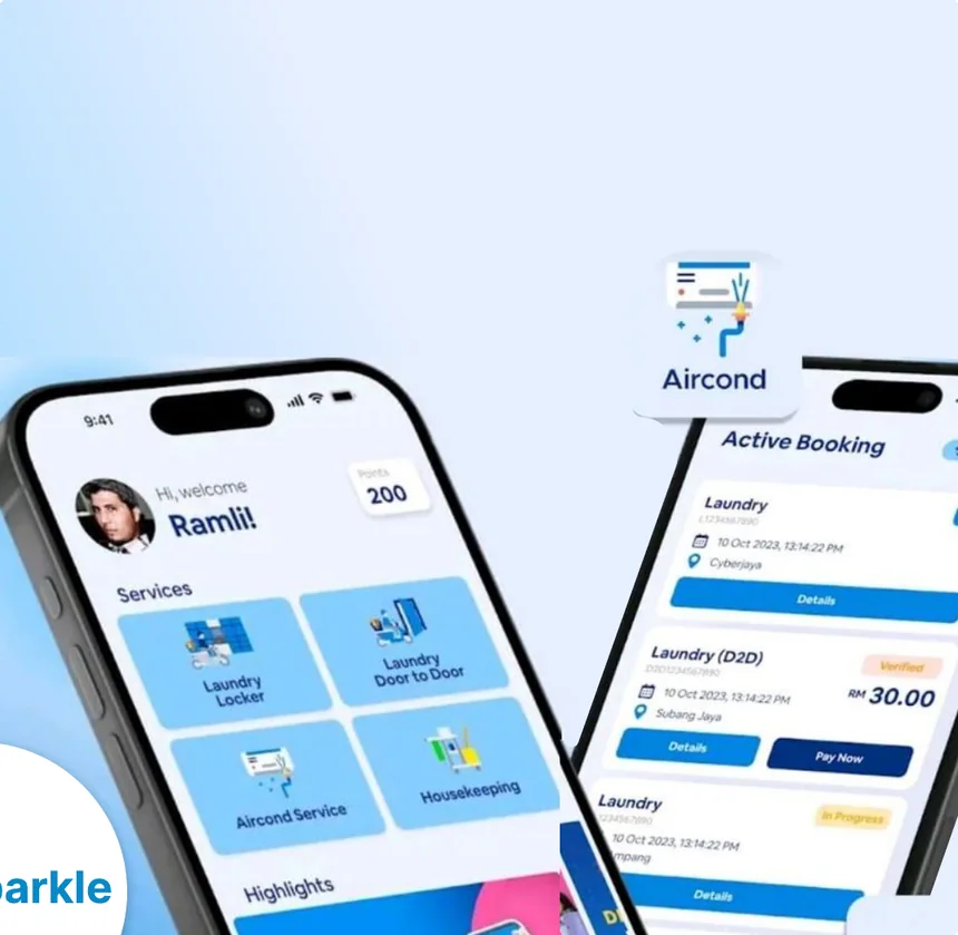 AeroSparkle cleaning app showing services and active bookings