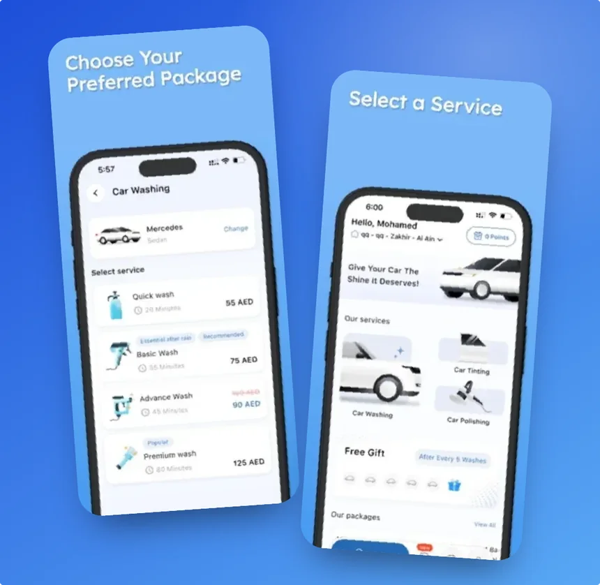 BeClean car care app showing package and service selection