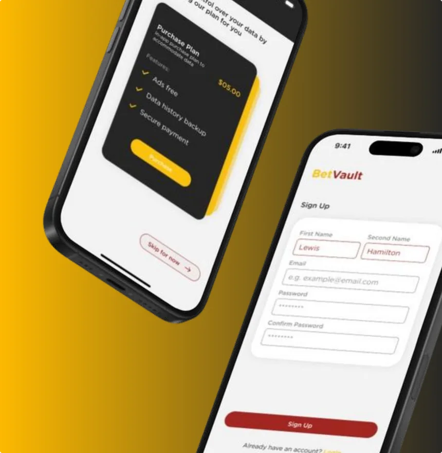 Bet Vault app showing a purchase plan and a sign-up screen