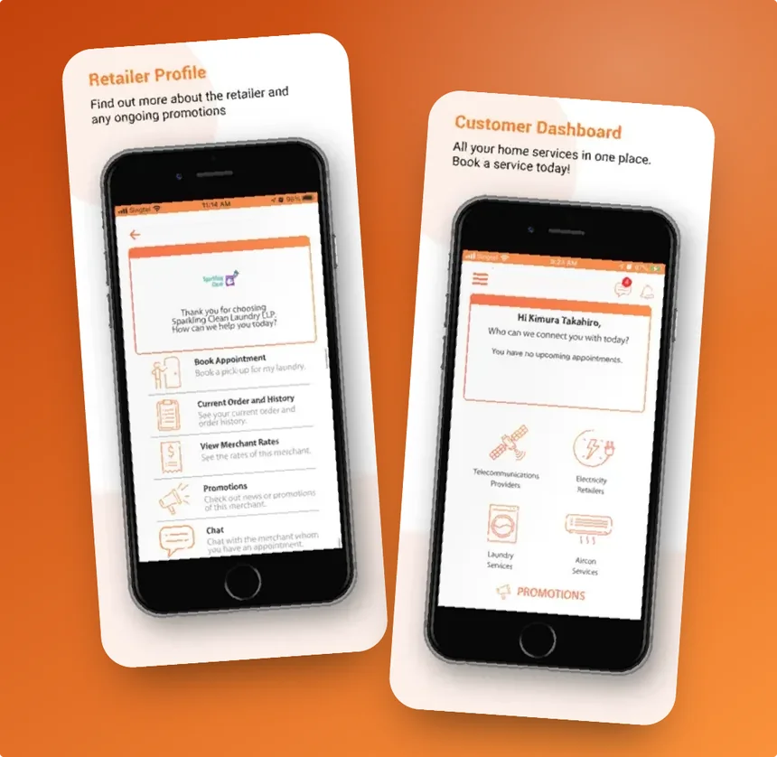 Collate home services app showing a retailer profile and a customer dashboard