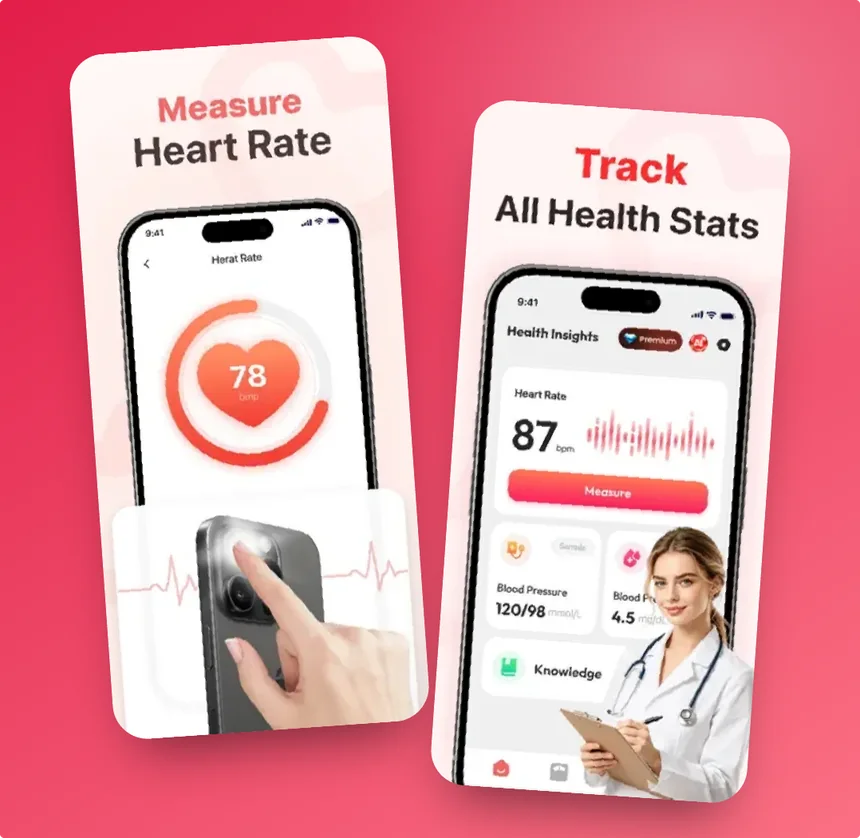 Iaso Health app showing a heart rate measurement and a health stats dashboard