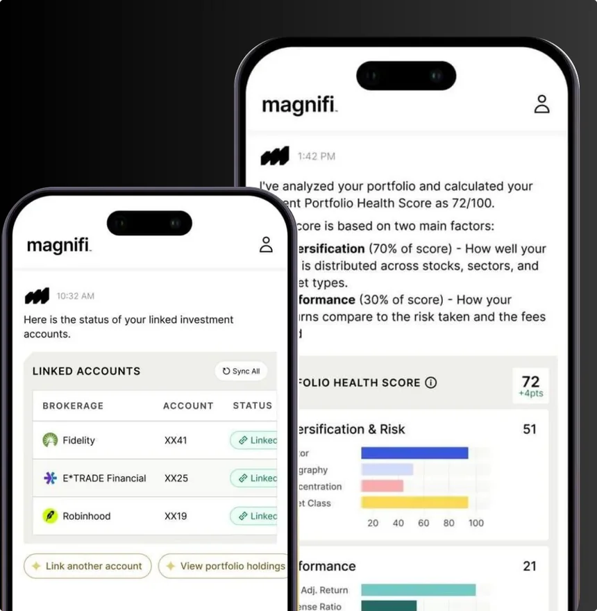 Magnifi wealth app showing linked accounts and a portfolio health score