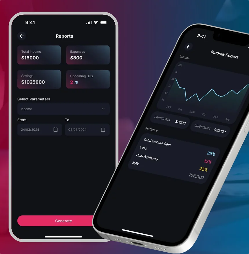 MON AI financial app showing a reports screen and an income chart